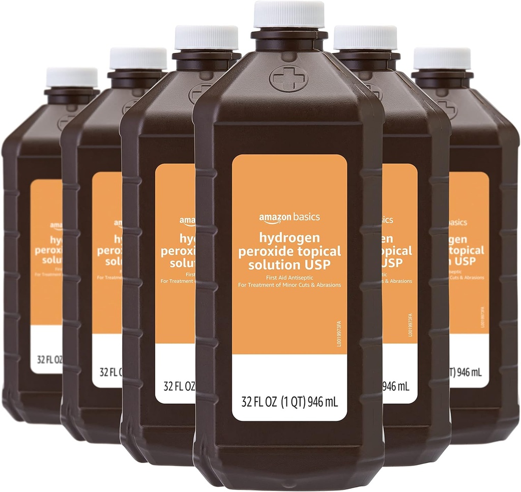 Basics Hydrogen Peroxide Solución tópica USP, Desarrollado, 32 Fl Oz, Pack de 6