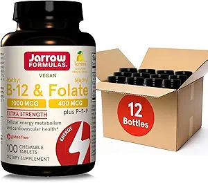 Jarrow Formulas Methyl B-12 1000MCG & Methyl Folate 400MCG,Extra Strength,Cellular Energy Metabolism & Cardiovascular Health Formula(1) Con P-5-P,100 Tabs Chewable,Hasta un Suppl de 100 días,12Packs