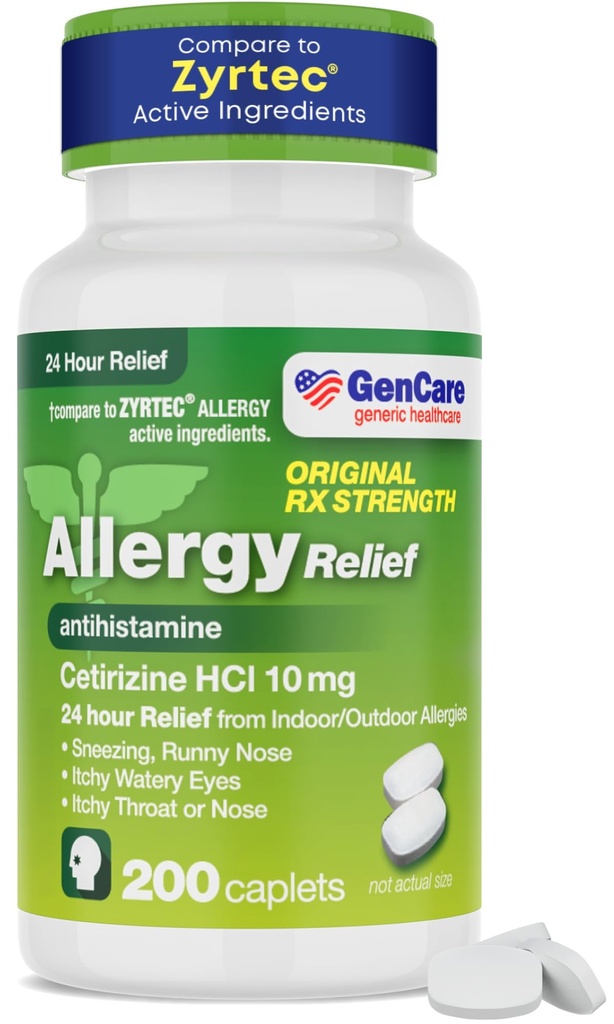 GenCare - Cetirizine HCL 10 mg (200 Caplets) - 24 Hour Allergy Relief Pills - Non Drowsy Generic OTC Allergy Medication - Antihistamine Medicine for Sneezing, Runny Nose & Itchy Eyes - Generic Zyrtec