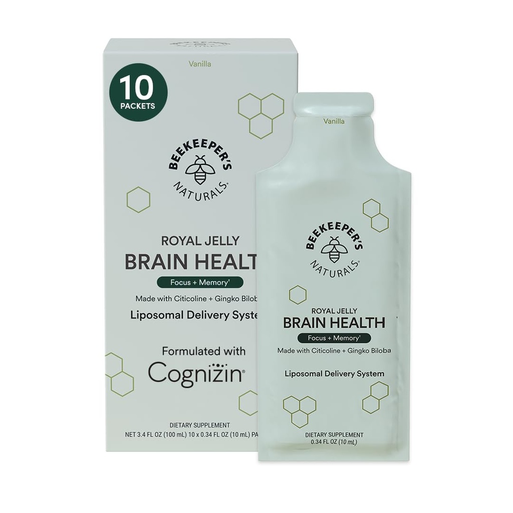 Suplemento cerebral nootrópico por Beekeeper's Naturals, 500 mg Citocoline, Ginkgo Biloba, Bacopa Monnieri & Royal Jelly, Supports Focus ' Memory, Easier Absorption, Plus a Tasty Vanilla Flavor, 10ct