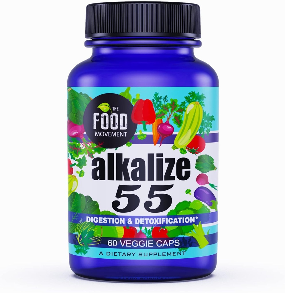 El Movimiento Alimentario - Alkalize 55, 55 Alimentos fermentados con minerales Humic Trace Fulvic de la Tierra Negra, Electrolitos, pH Balance, Immune Boosting, Vegan - 60 caps Veggie