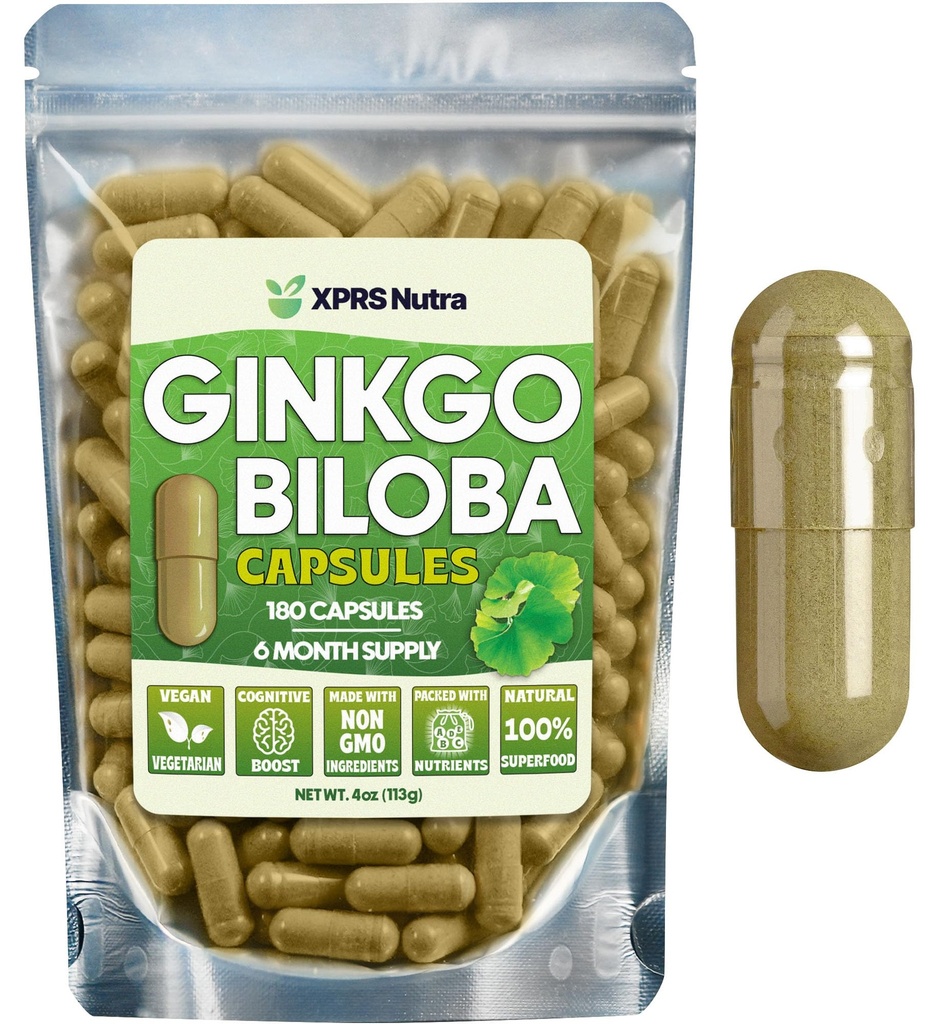 XPRS Nutra Ginkgo Biloba Capsules - Gingko Biloba Encapsulado Suplementos para la Cognición - Vegan Friendly Ginkoba Biloba - Immunity Boosting Ginkgo Biloba Capsules - 180 Conde