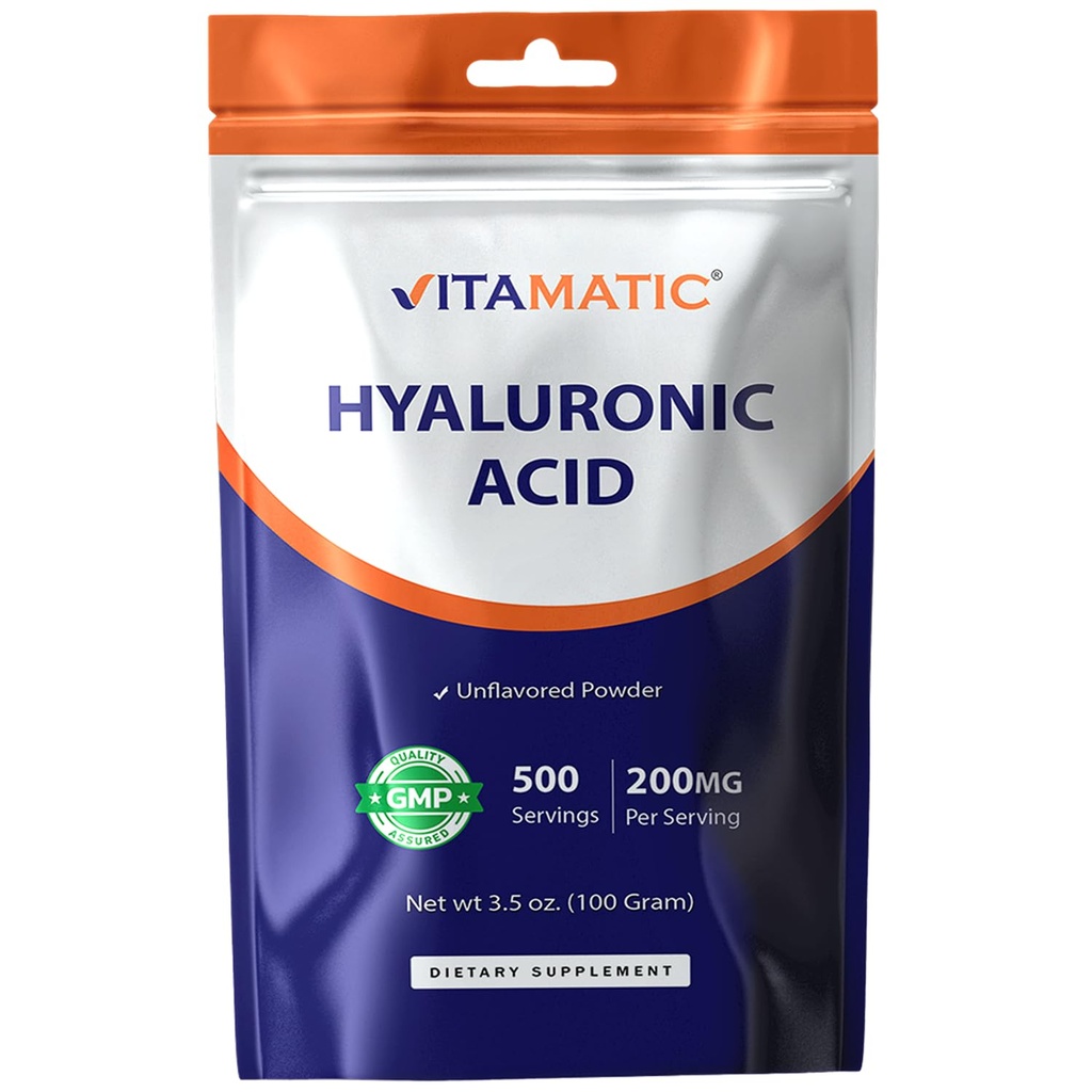 Vitamatic Hyaluronic Acid Powder 200mg - Supports Healthy Connective Tissue and Joints - Promote Youthful Healthy Skin - 100 Gram