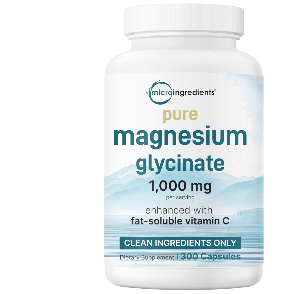 Magnesio puro Glycinate 1000mg, 300 capsules  durable 100% Chelated for Max Absorption ← Soporte para el sueño, el músculo, el corazón " salud nerviosa " permanente Mejorado con vitamina C Únicamente Usos Ingredientes activos