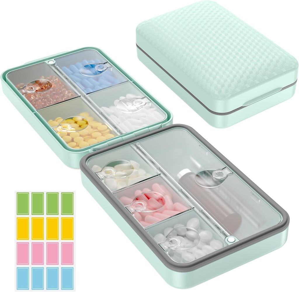 Restree Organizador semanal de píldoras, caja de proa de humedad magnética, caja de gran capacidad de viaje con tapa limpia interna para vitaminas, suplementos y medicamentos diarios 8 Compartimiento (Green)
