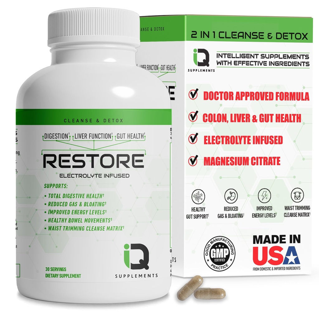 Restaurar 2 En 1 Colon Cleanse " Detox w/ Psyllium - Supports Digestion, Debloating " Constipation Relief for Women " Men, Gut Detox Cleanse w/ Magnesium ANTE Electrolyte Infused Colon Cleanser " Detox