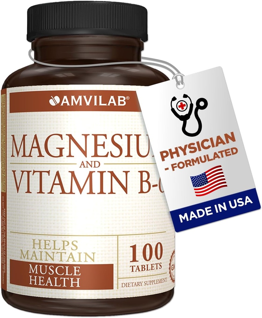Magnesio y Vitamina B6 - Ayuda a mantener la salud muscular - Apoyo a la salud cerebral " Nerve Función - Ayuda a la vitalidad diaria " Calidad del sueño - Boost - Suplemento dietético - 100 Tablets