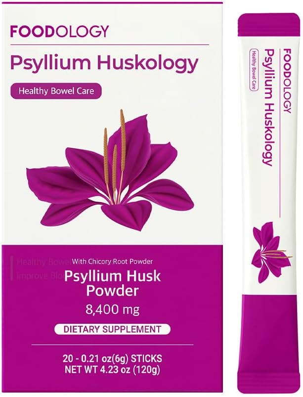 FOODOLOGY Psyllium Huskology (20 Sticks, 10 Days) - Herbal Psyllium Husk Supplement for Constipation Relief, Gut Health. Fibra dietética de base vegetal, máxima fuerza 7,200 mg.