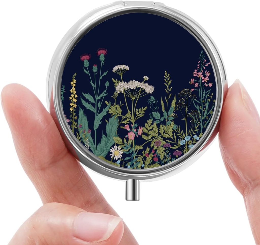 Mini Caja de Pill, Pequeña Caja de Pill, Cute Pill Organizer for Vitamins, Medications, Fish Oil and Supplements (Black Flowers)