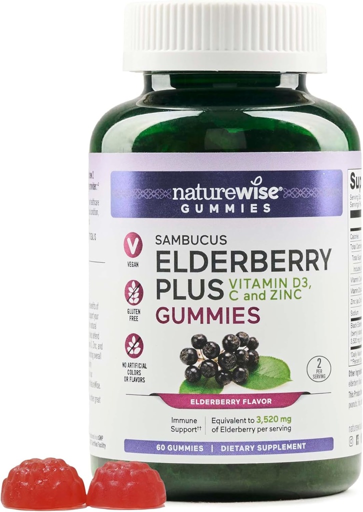 NatureWise Sambucus Elderberry Gummies - Immune Support Supplement for Kids Ages 4+ & Adults with Vitamin C, D3, Zinc - Elderberries Equivalent to 3520mg - Vegan, Non-GMO - 60 Count[30-Day Supply]