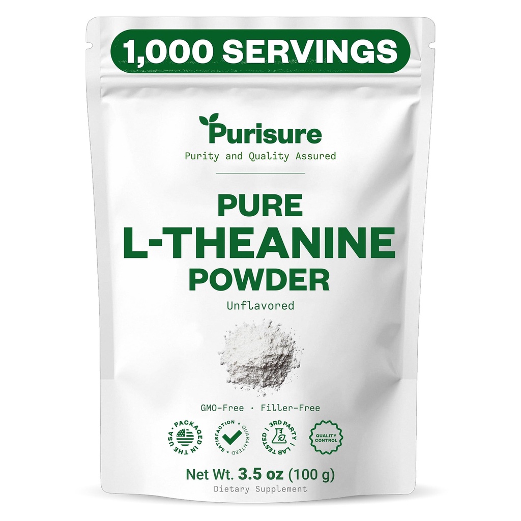 Purisure L-Theanine Powder, 100 g, Pure L Theanine Powder que promueve la relajación y el foco, Suplemento para la función cognitiva, No Fillers, No GMO, 1000 Servimientos