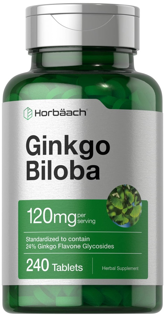 Horbäach Ginkgo Biloba Suplemento TEN 120mg TEN 240 Tablets TENIDO Resumen herbario estandarizado ANTE Flavone Glycosides ANTE Vegetarian, Non-GMO, y Gluten Free