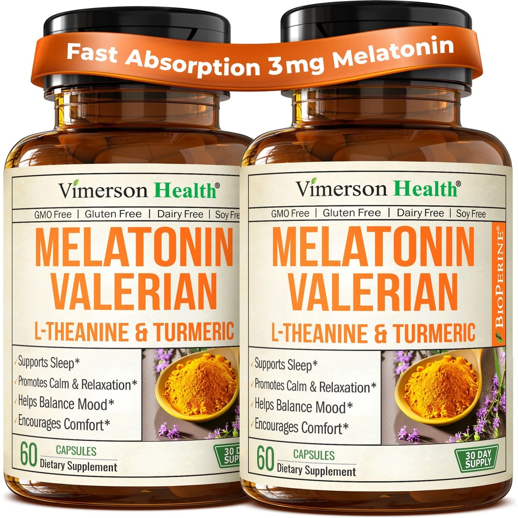 Melatonin Sleep Aid con L Theanine " Valerian Root – Suplemento Turmeric – Curcumina Turmérica con Ginger " Black Pepper – L-Theanine " Melatonin 3mg para el sueño, la calma y el alivio de estrés – 2 Pack