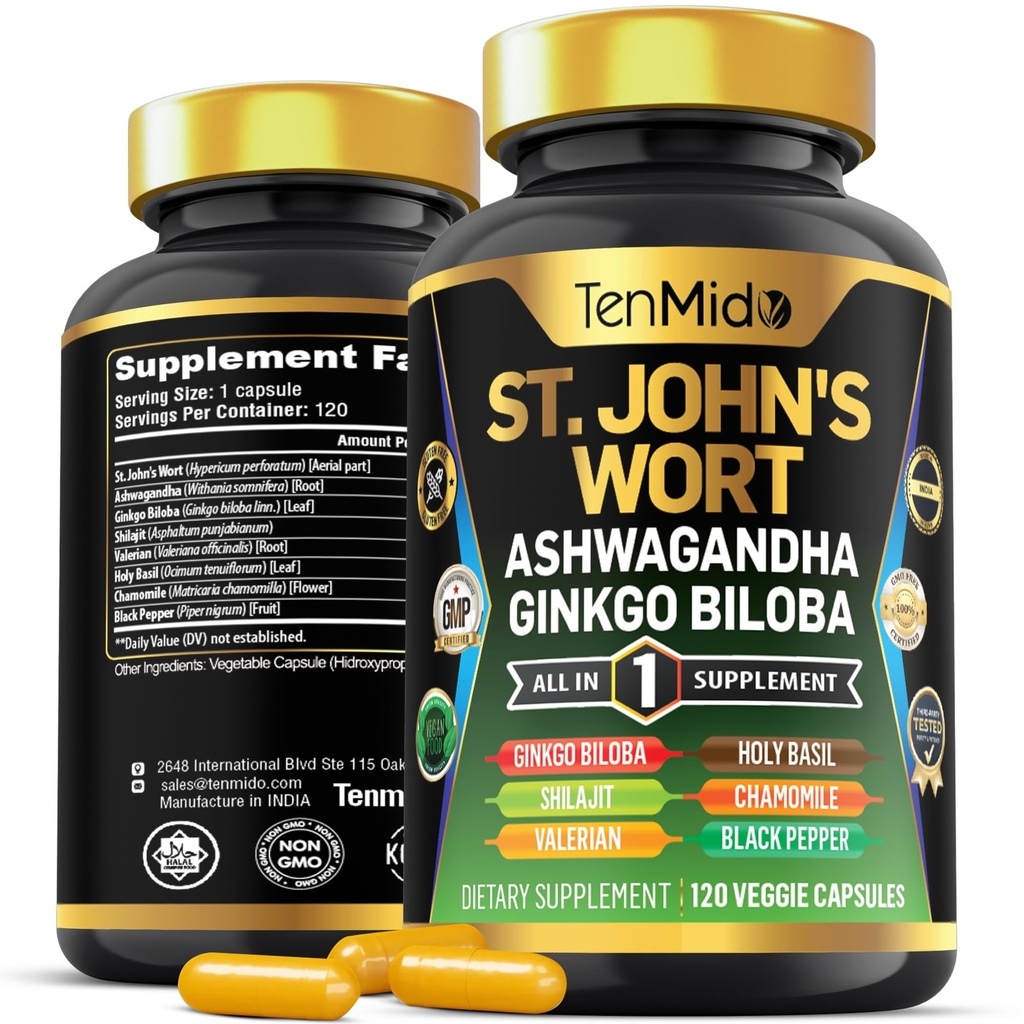 Suplemento de hierba de San Juan - 8in1 Fórmula - Combina con Ashwagandha, Ginkgo Biloba, Shilajit, Valerian, Holy Basil, Chamomile y Black Pepper - 120 cápsulas Vegan para 4 meses de suministro