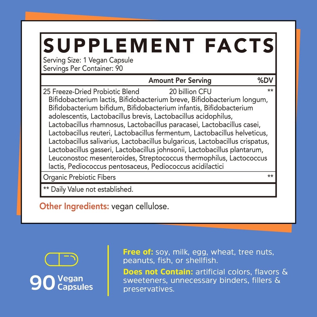 Probióticos de Gutcha, 20 Billones para Hombres, 25 Strains + Fibra Prebiótica para Gut Health, Apoyo Inmunitario, Apoyo Digestivo, Freeze-Dried, Delayed-Release, Estante-Stable, 90 Caps Vegan