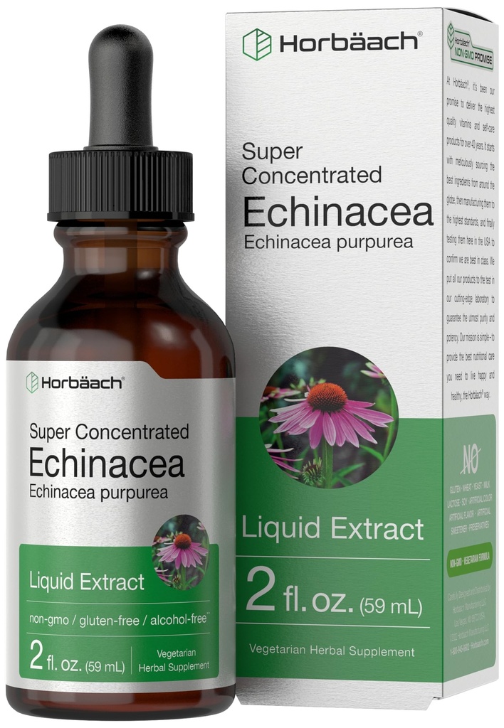 Horbaach Echinacea gotas Herb Tincture TENIDO 2 fl oz ANTE Super Concentrated Root Extract ← Alcohol Free Liquid ANTE Vegetarian, Non-GMO & Gluten Free Supplement