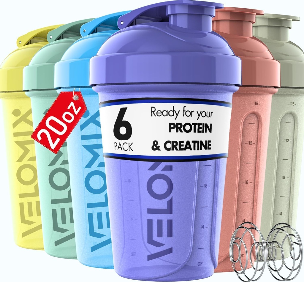 VELOMIX -6 PACK- 20 oz Protein Shaker Bottle for Protein Mixes - 6x Wire Whisk ← Leak Proof Shaker Cups for Protein Shakes ← Stackable Protein Shaker Bottle Pack ← Dishwasher Safe (Pastel Shades)