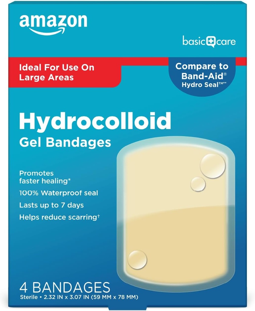 Cuidado básico Advanced Fast Healing Hydrocolloid Gel Bandages, Vestido de gran herida, 4 ct