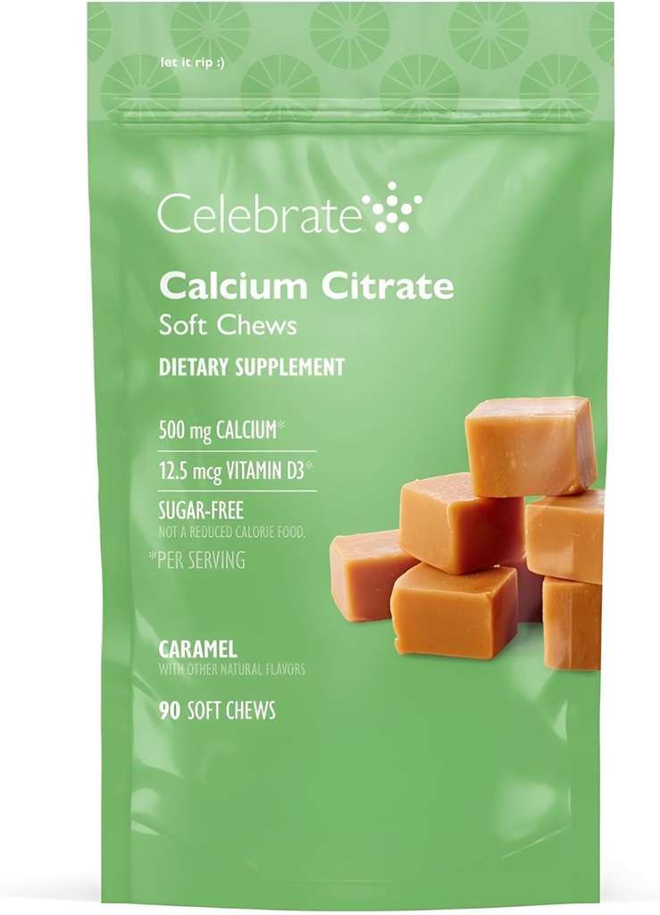 Celebrar vitaminas Bariatric 500mg Calcio Citar cerdas suaves con 500 UI Vitamina D3 – Esencial para el bypaso gástrico Pacientes " Bone Health - Sugar " Gluten Free, Caramel (90 Chews)