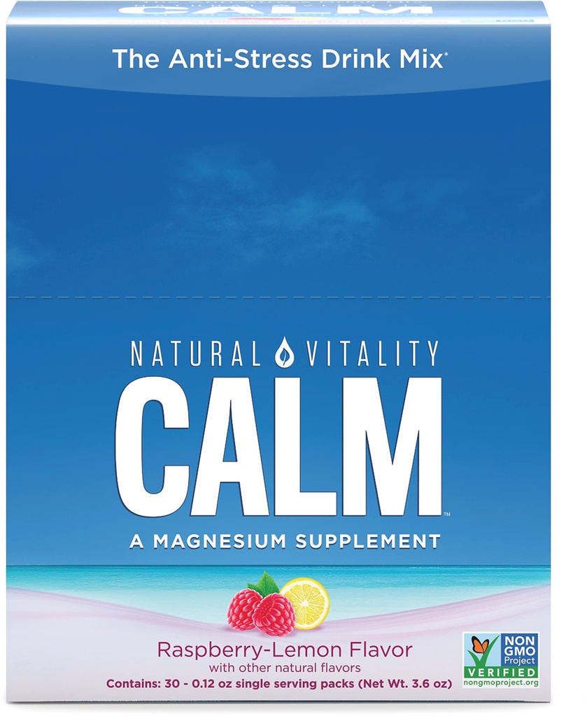 Natural Vitality Calm, Magnesium Citrate Supplement, Anti-Stress Drink Mix Powder, Gluten Free, Vegan, & Non-GMO, Raspberry Lemon, 0.12 oz, 30 Packets