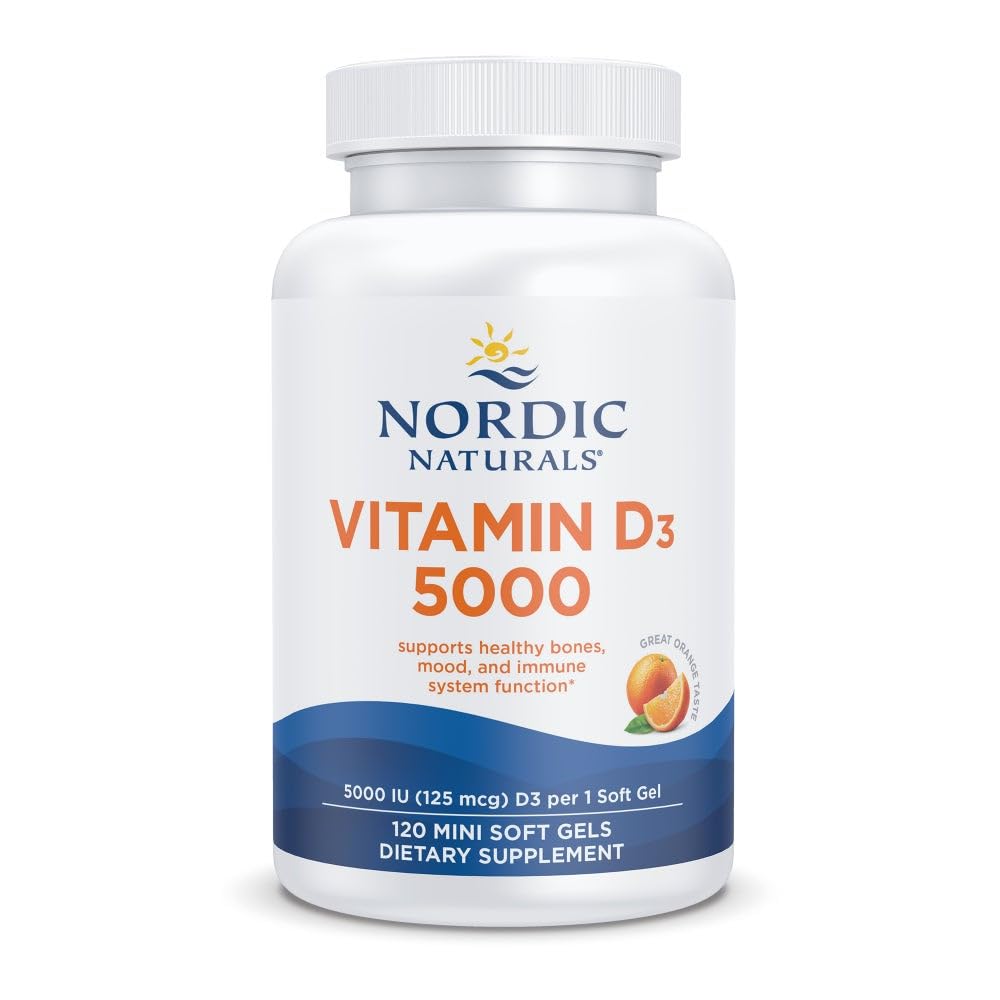 Naturales nórdicos Vitamina D3 5000, Naranja - 120 Mini geles blandos - 5000 UI Vitamina D3 - Soportes Huesos saludables, Mood &amp; Immune Función del sistema - No GMO - 120 Servimientos