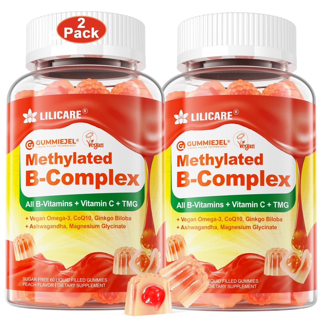 Mujeres &amp; Hombres Super vitamina B Complejo llenos Gummies, Methylated w/Omega 3, Magnesium,CoQ10, Ashwagandha,Vitamin C, TMG, Sugar Free - 60 Conde (Pack of 2)
