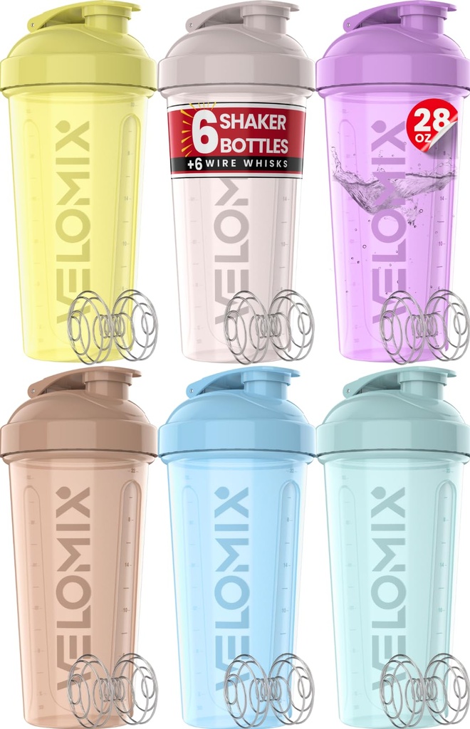VELOMIX -6 PACK- 28 oz Protein Shaker Bottle for Protein Mixes - 6x Wire Whisk ← Leak Proof Shaker Cups for Protein Shakes ← Protein Shaker Bottle Pack ← Protein Shake Cup (Pastel Power Series)