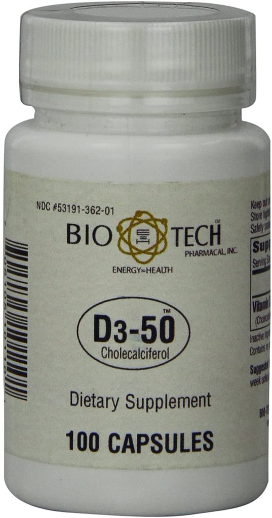 Bio-Tech Pharmacal D3-50 50,000 IU, 100 Capsules Ð All-Natural Supplement Ð Supports Bone, Heart Neuromuscular, & Immune Health Ð No Dairy, Fish, Gluten, Peanut, Shellfish, & Soy