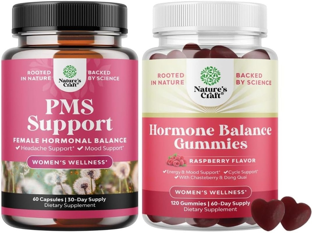 Bundle of PMS Support with DIM, Chasteberry, Black Cohosh " Ashwagandha for Period Cramps Menopause Bloating Mood Swing and Hormone Balance Gummies Soporte Ciclo menstrual con vitamina B6 " Dong Quai