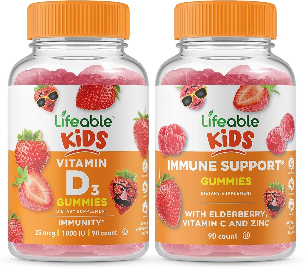 Lifeable Vitamin D Kids + Immune Support Kids, Gummies Bundle - Great Tasting, Vitamin Supplement, Gluten Free, GMO Free, Chewable Gummy