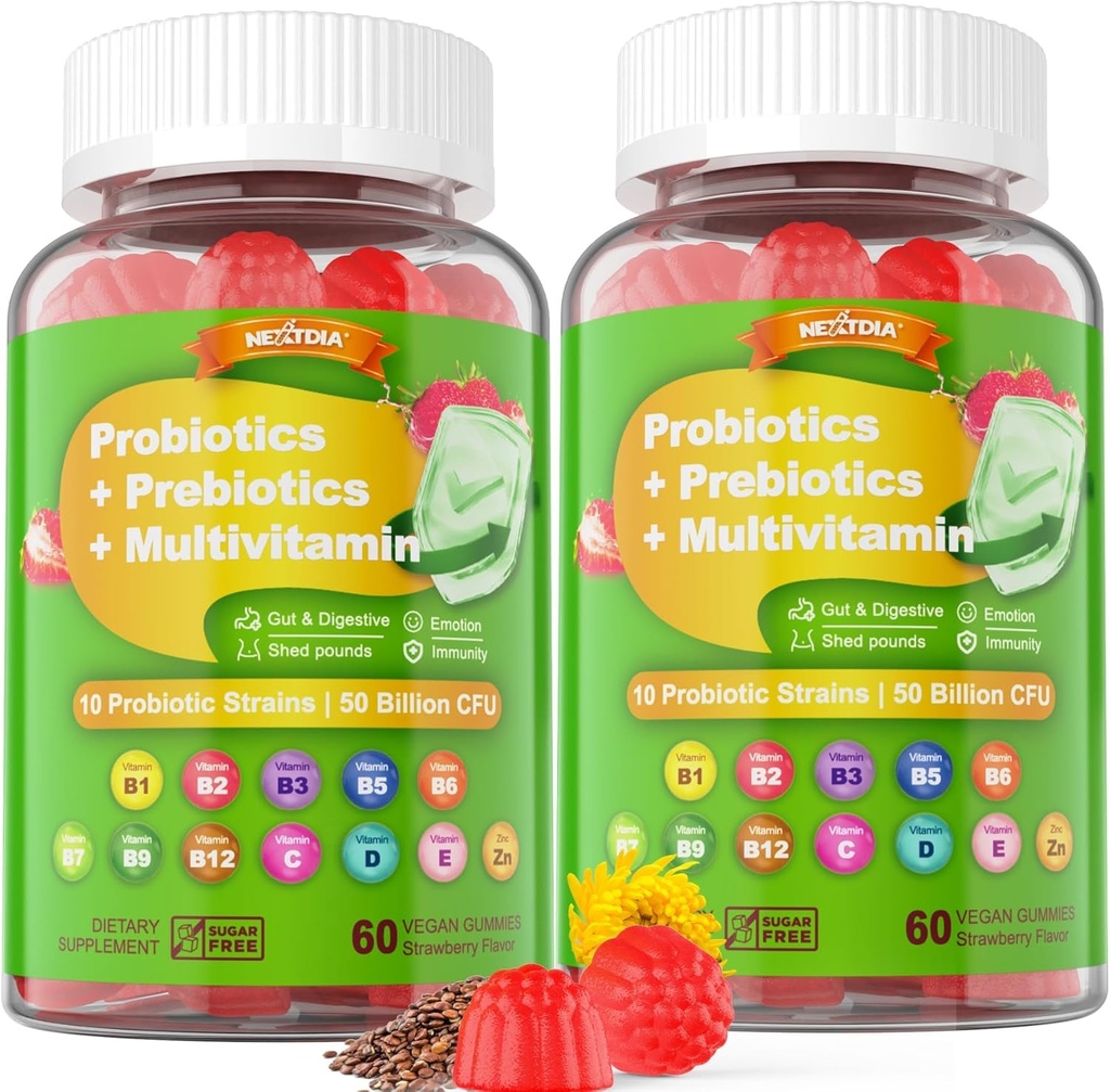 Probióticos veganos Gummies for Mujeres &amp; Hombres - Prebióticos de fibra Suplementos TENIDO 50 Billones CFUs Probióticos, Inulina, Psyllium Husk & Multivitamínico para Gut, Digestión & Immune Health,2 Pack