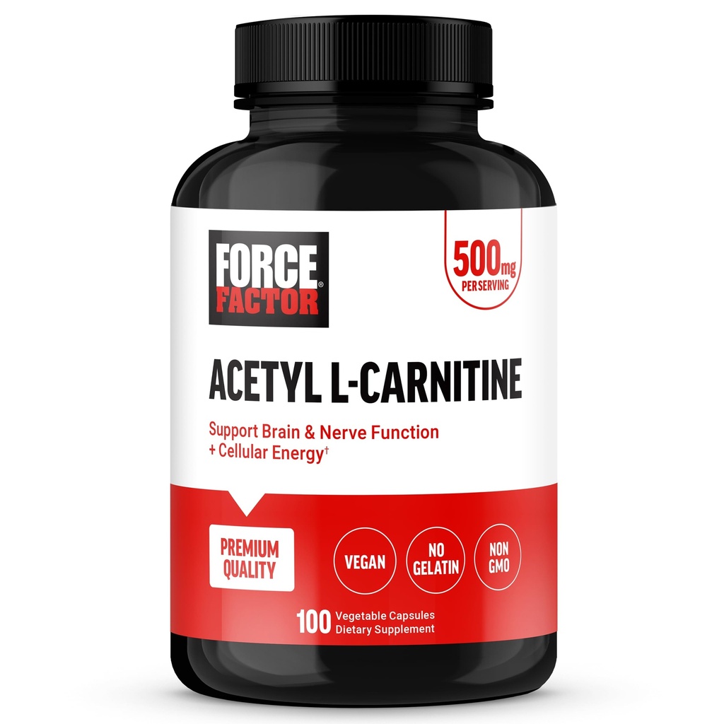 Force Factor Acetyl L-Carnitine Brain Supplement, Nerve Support Supplement, and Cellular Energy Booster, Acetyl L-Carnitine 500mg, Premium Quality, Vegan, Non-GMO, 100 Vegetable Capsules