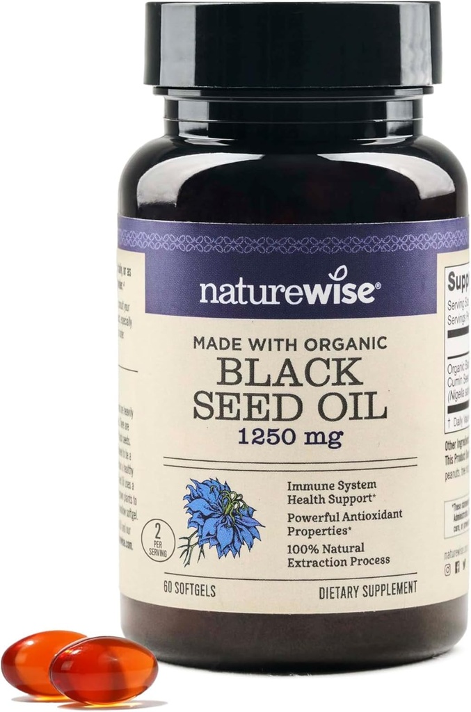 NatureWise Black Seed Oil Softgels 1250 mg - with 100% Organic Cold Pressed Nigella Sativa - Omega 3 6 9 - Antioxidant Immune Support, Hair & Skin - Non-GMO, Gluten-Free - 60 Softgels[1-Month Supply]