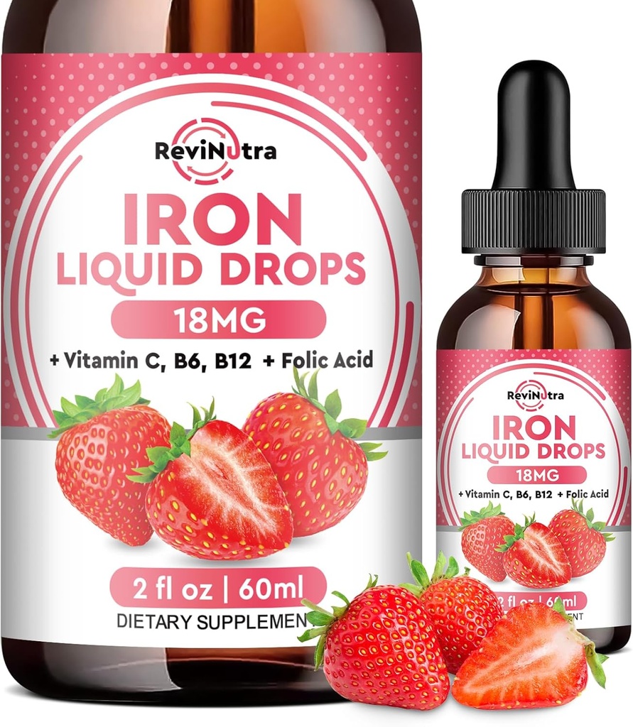 Suplemento de hierro líquido para mujeres, hombres y niños, gotas de hierro líquido con folato, vitamina C, B6, B12 para anemia, célula de sangre roja, apoyo energético, sabor a fresa, 2 Fl Oz