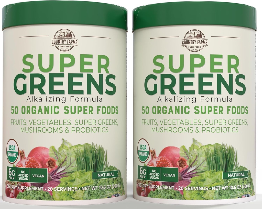 Country Farms Super Greens Natural Flavor, 50 Organic Super Foods, USDA Organic Drink Mix, Fruits, Vegetables, Super Greens, Mushrooms & Probiotics, Supports Energy, 40 Servings, 10.6 Oz, 2 Pack