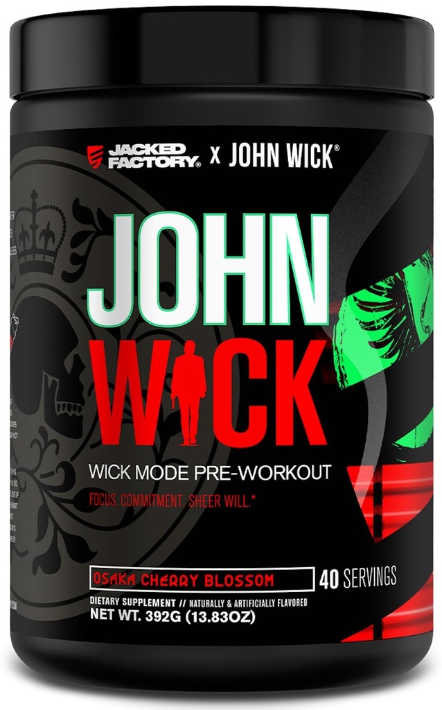 Jacked Factory X John Wick - Wick Mode Pre Workout Powder - Energía intensa, Battle-Ready Focus, Compromiso imparable, y Sheer Will - 40 Servings, Osaka Cherry Blossom