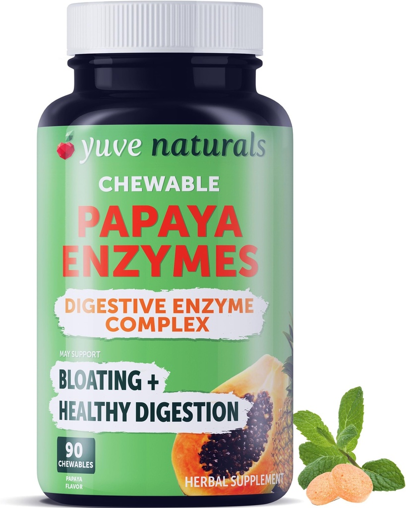 Yuve Natural Papaya Digestive Enzymes - Candies Chewable Libre de Azúcar - promueve una mejor digestión - Estreñimiento " Bloating Aid, Detox, Leaky Gut Repair " Gas Relief - Vegan, Non-GMO, Gluten-Free - 90ct
