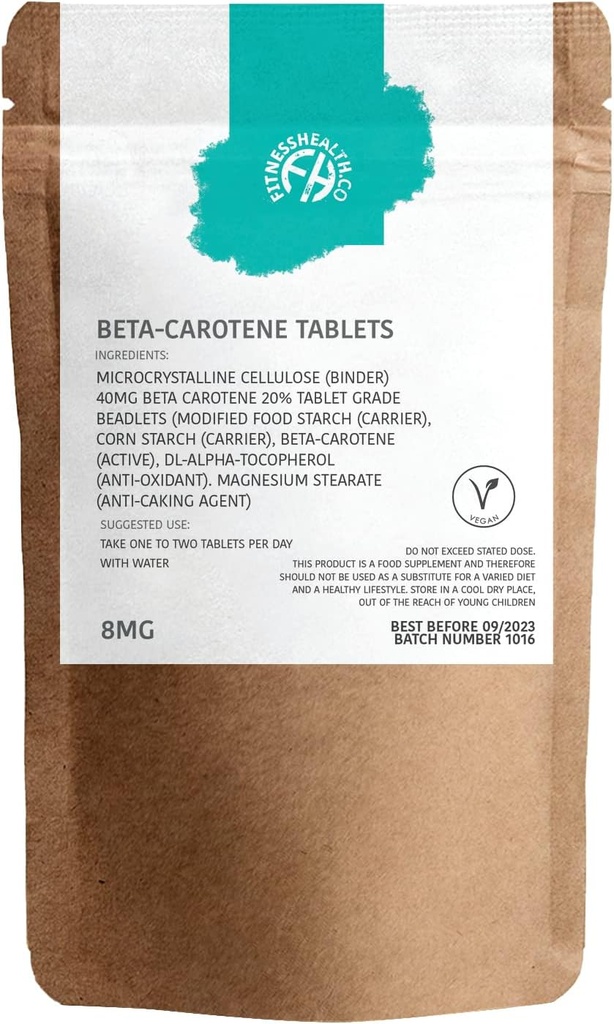 Fitness Health Beta-Caroteno 8MG 120 Tabletas - Fuente Pura de Vitamina A - Esquí saludable y sistema resistente - Acelerador de alimentación - Gluten &amp; GMO-Free