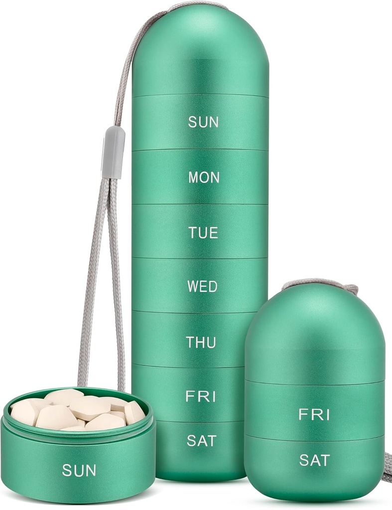 Zannaki Metal Moisture Proof Weekly Pill Organizer, Stackable Aluminum Alloy BPA Free Travel Hiking 7 Day Pill Box Fund Waterproof and Large Compartment to Hold Pills, Vitaminas, Fish Oil, Suplementos