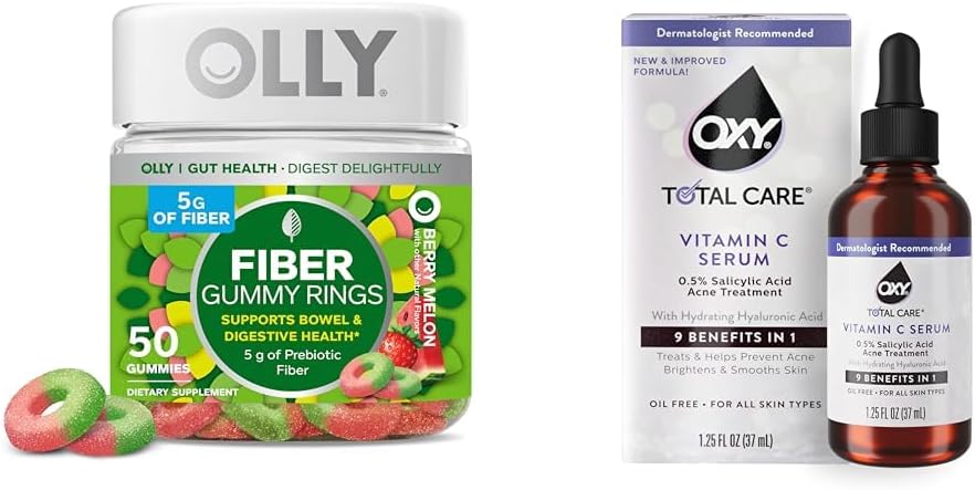 OLLY Fiber Gummy Rings 50ct + Oxy Total Care Hydrating Vitamin C Serum for Digestive Support, Clearer Skin