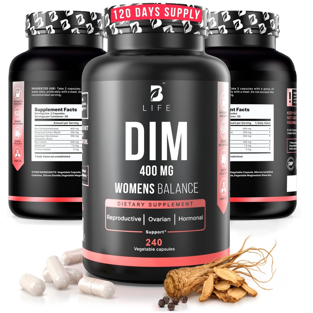 Suplemento DIM 400 mg con Myo & D-Chiro Inositol, Dong Quai - PCOS Suplementos – Balance hormonal para las mujeres – Suplementos de fertilidad – Suplemento Inositol - 240 cápsulas