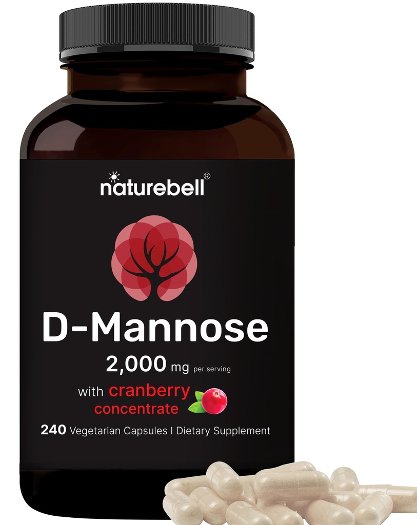 NatureBell D-Mannose 500mg Capsules (2,000mg Per Serving) | 240 Veggie Capsules + Cranberry Concentrate 40mg – Fast Acting Urinary Tract Health Pills – Ultra UTI Support for Women & Men
