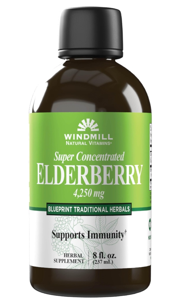 Windmill Vitaminas Naturales Super Concentrado Elderberry Negro, soporta el sistema inmunológico, rico en antioxidantes, 8 Fl Oz