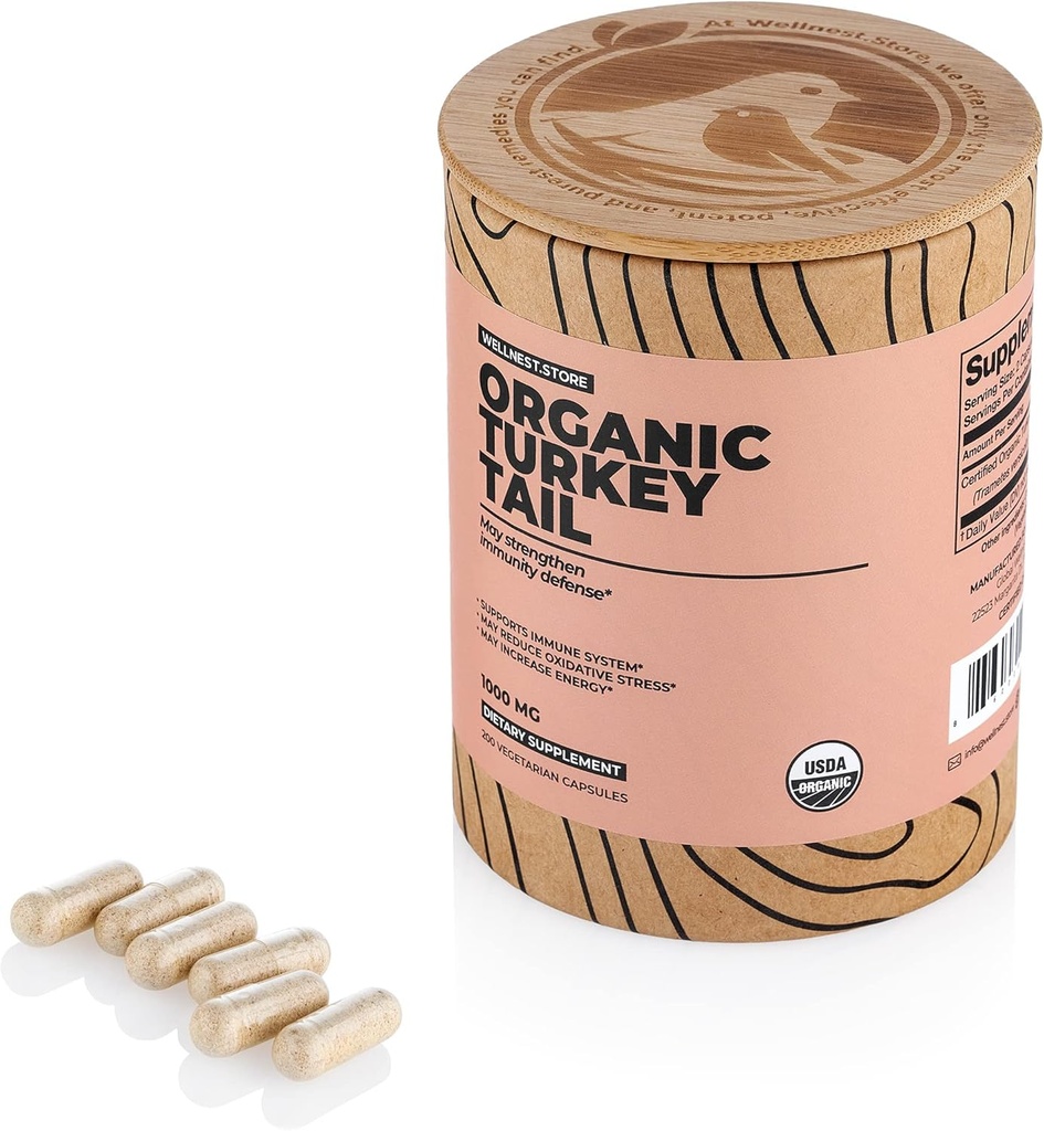 Wellnest.Store Turkey Tail Organic Mushroom (Trametes Extract) 200 Veggie Caps - Immune Support Supplement; Promotes Growth of Beneficial Bacteria in The Gut + Boosts Energy
