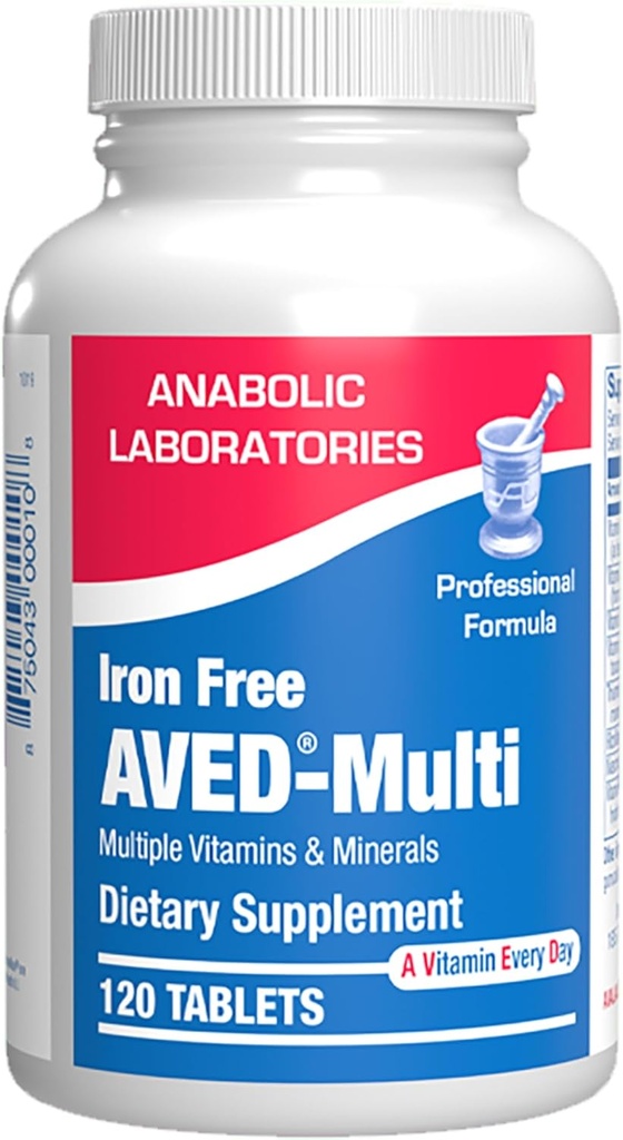 Multivitamina diaria gratuita de hierro para hombres y mujeres, 120 Tabletas - AVED Daily Multi Vitamin and Minerals Health Supplement - Vitaminas A, C, D, E, Complejo de vitamina B, Zinc, Calcio, Magnesio, Más