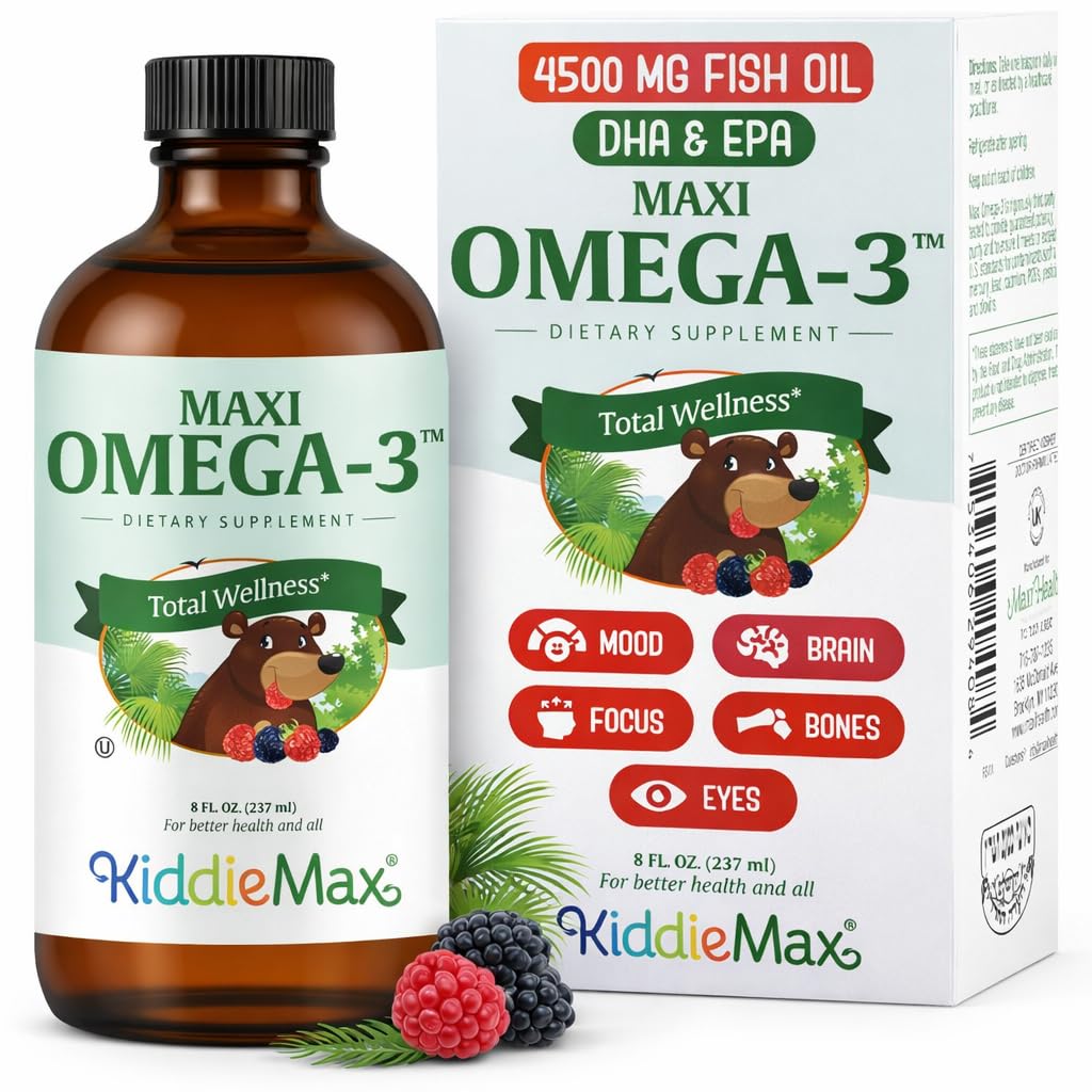Maxi Health Omega 3 for Kids Supplement – Kosher Omega 3 Kids Fish Oil Liquid with DHA & EPA – Liquid Fish Oil Supplement with Fruity Burst Flavor to Support Mood, Brain, Focus, Bones & Eyes (8 oz)
