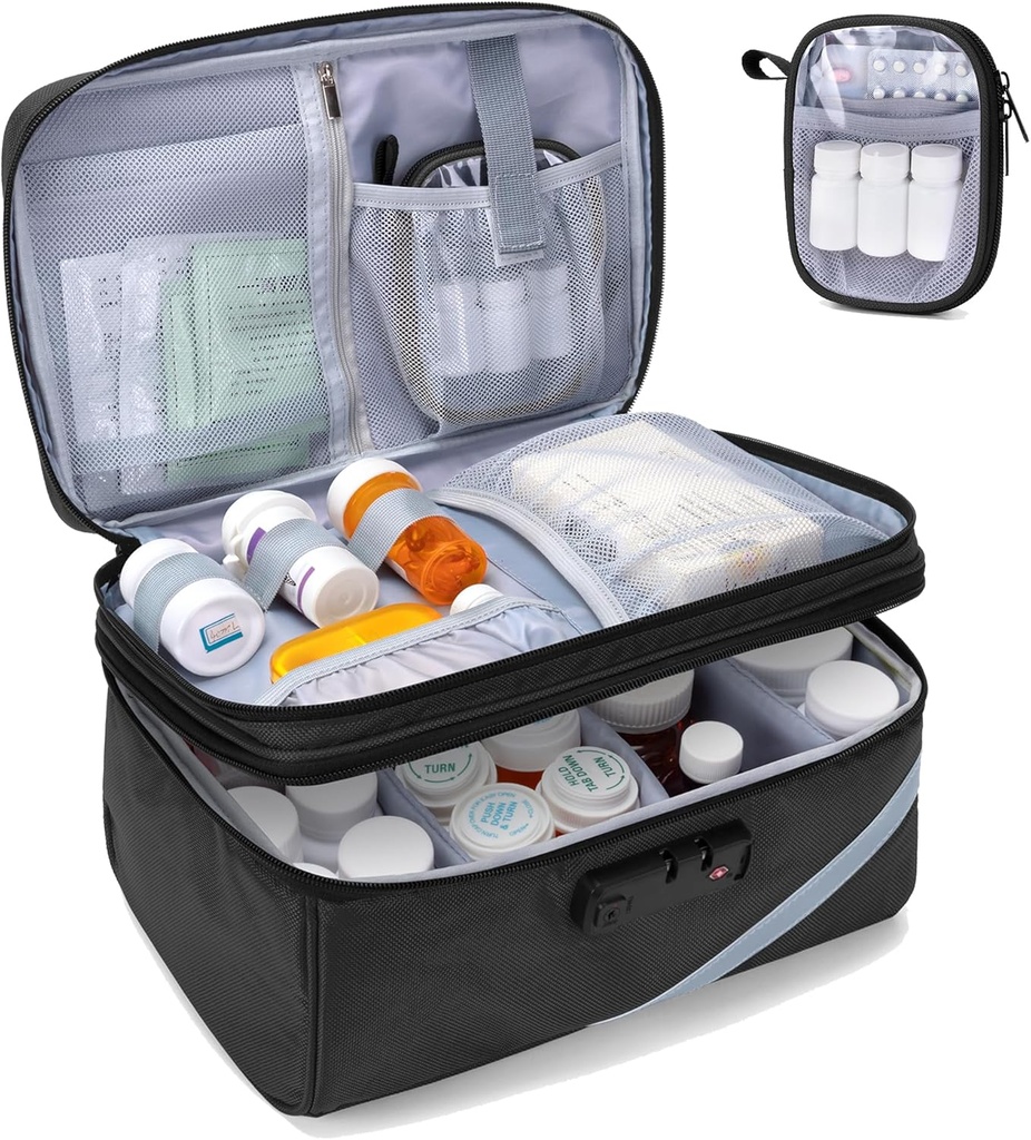 Trunab Bolsa de almacenamiento de medicamentos con cerradura de combinación, organizador de botellas cerrables, caja de carga de medicamentos de viaje para caja de medicina, receta, vitaminas, suplementos o suministros médicos