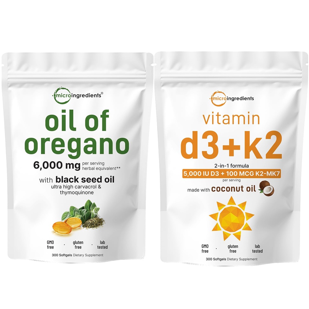 Micro Ingredientes Aceite de Oregano Softgels 6.000mg Por Serving & Vitamin D3 5000 IU Plus K2 (MK-7) 100 mcg, 300 Virgin Coconut Oil Softgels Bundle Pack  4X Strength Carvacrol & Thymoquinon ← Esencial