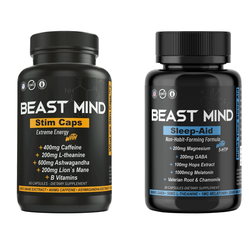 Day & Night Energy Con Sleep Aid Bundle ← 400mg Caffeine TEN 600mg Ashwagandha TENIDO 200mg Lions Mane ANTE Aumento de la energía " Focus " Mood Sleep Aid with GABA, Valerian Root, Chamomile, Melatonin, Magnesium