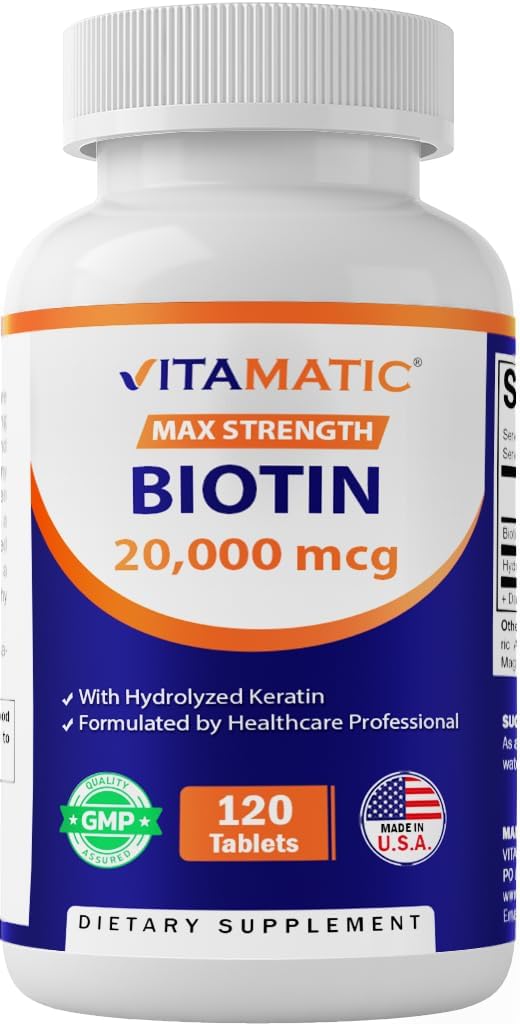 Vitamatic High Potency Biotin 20000 mcg (20mg) with Keratin 100mg - 120 Tablets - Biotin Supplements for Healthy Hair Skin & Nails for Adults (120 Count (Pack of 1))